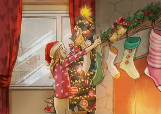 Girl hanging Christmas stockings near tree and fireplace by Turine Tran