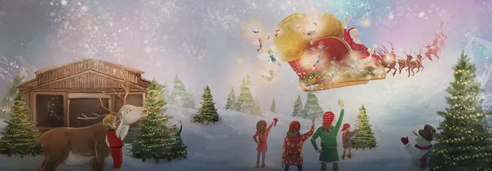 Santa's sleigh flying over a cabin with children watching in snow by Turine Tran