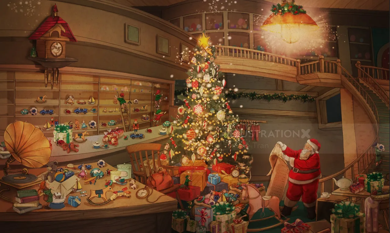 Santa Claus preparing Christmas gifts by a decorated tree, artwork by Turine Tran