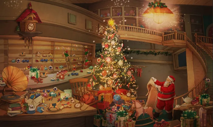 Santa Claus preparing Christmas gifts by a decorated tree, artwork by Turine Tran