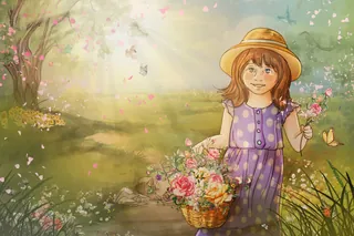 Girl in purple dress with flower basket in garden by Turine Tran
