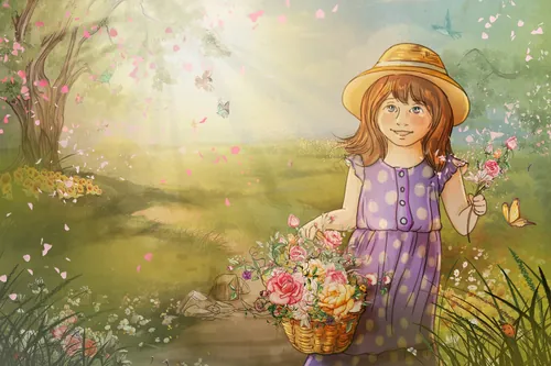 Girl in purple dress with flower basket in garden by Turine Tran
