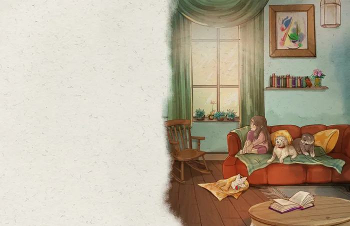 Woman sitting on couch with dog and cat in cozy room by Turine Tran