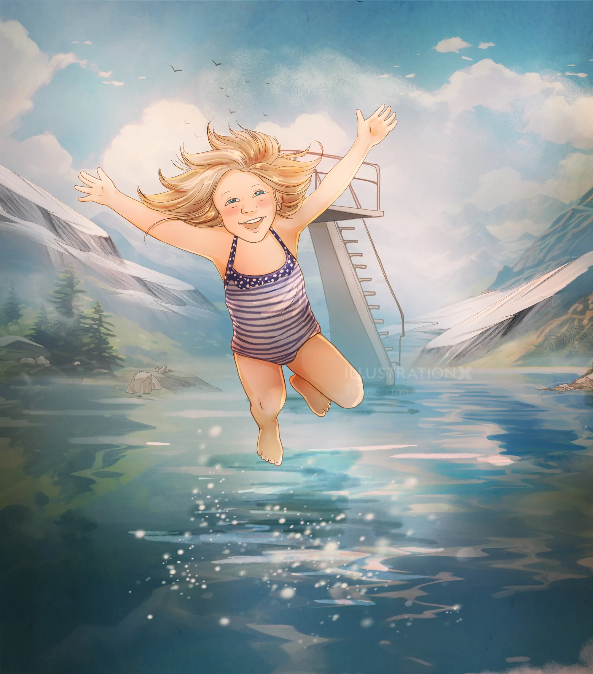 Smiling girl in striped swimsuit jumping into swimming pool