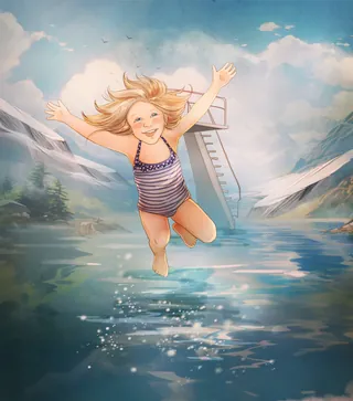 Smiling girl in striped swimsuit jumping into swimming pool