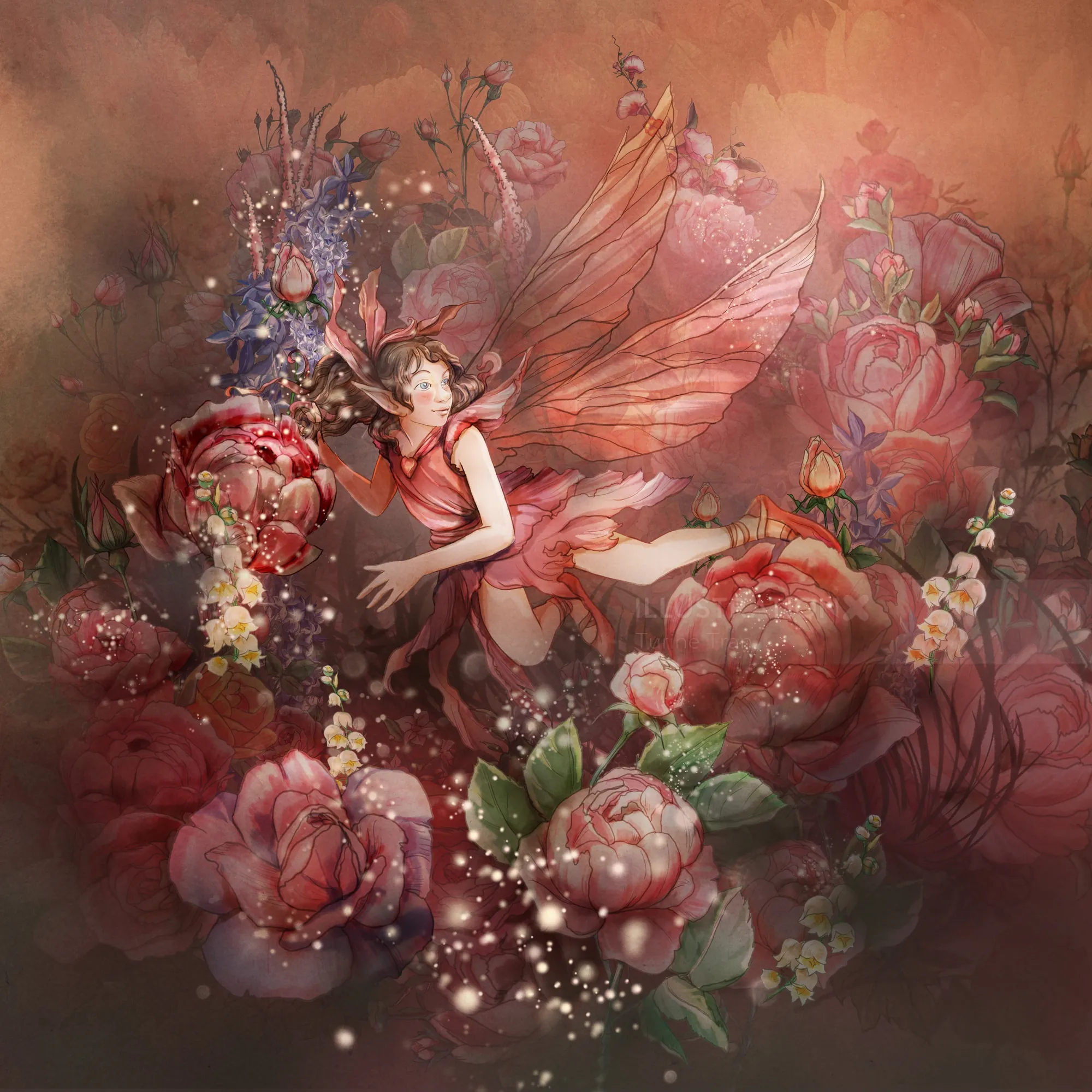 Pink-winged fairy flying among vibrant blooming flowers and sparkles