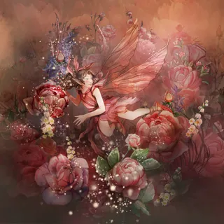 Pink-winged fairy flying among vibrant blooming flowers and sparkles
