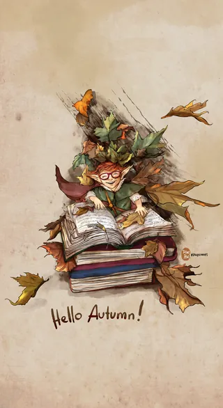 Child reading books surrounded by autumn leaves and text Hello Autumn