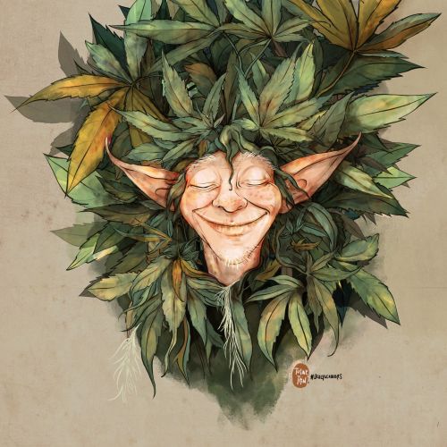 Smiling elf with pointy ears framed by green and yellow leaves.