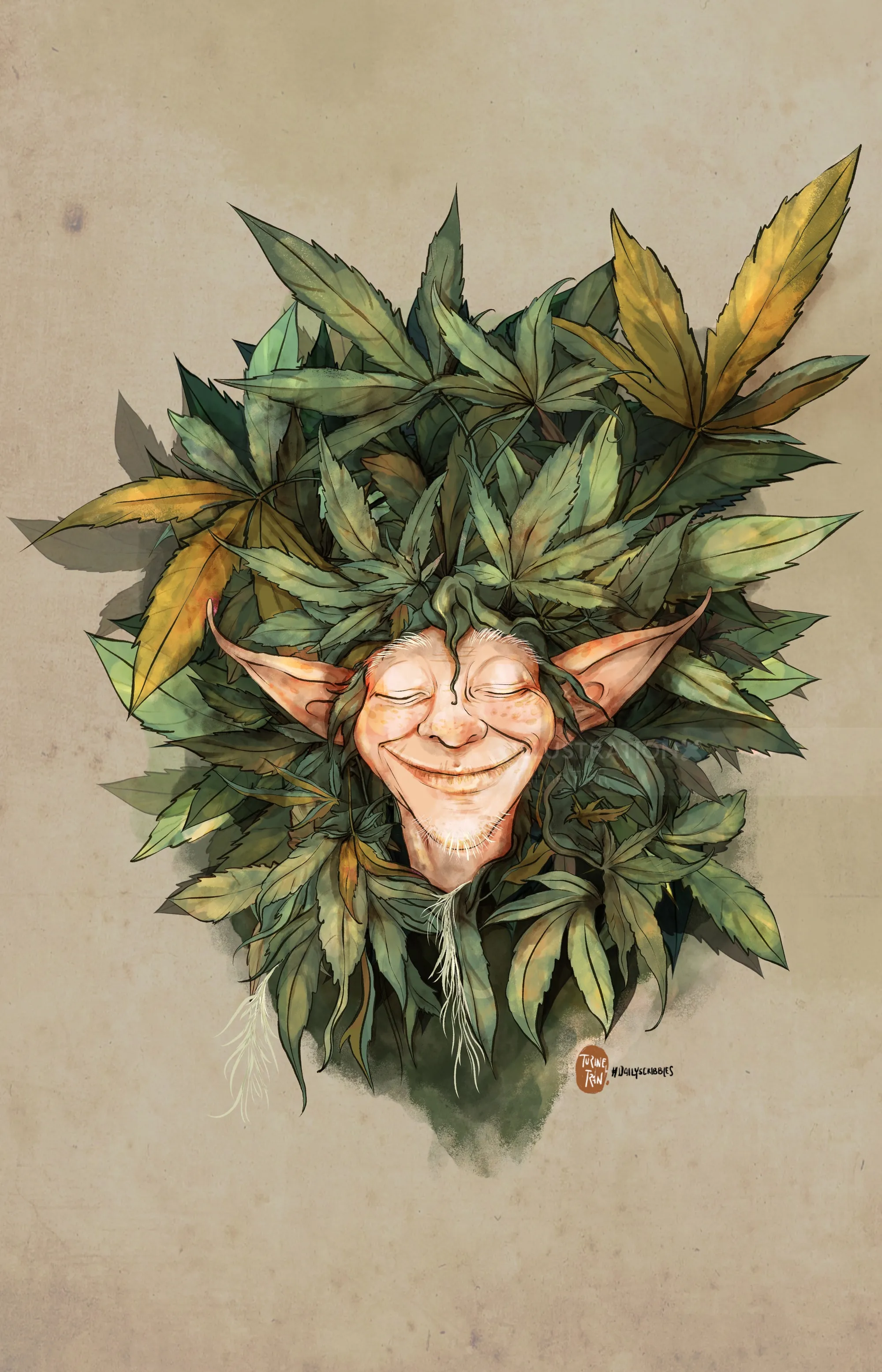 Smiling elf with pointy ears framed by green and yellow leaves.