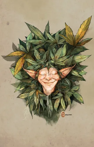 Smiling elf with pointy ears framed by green and yellow leaves.