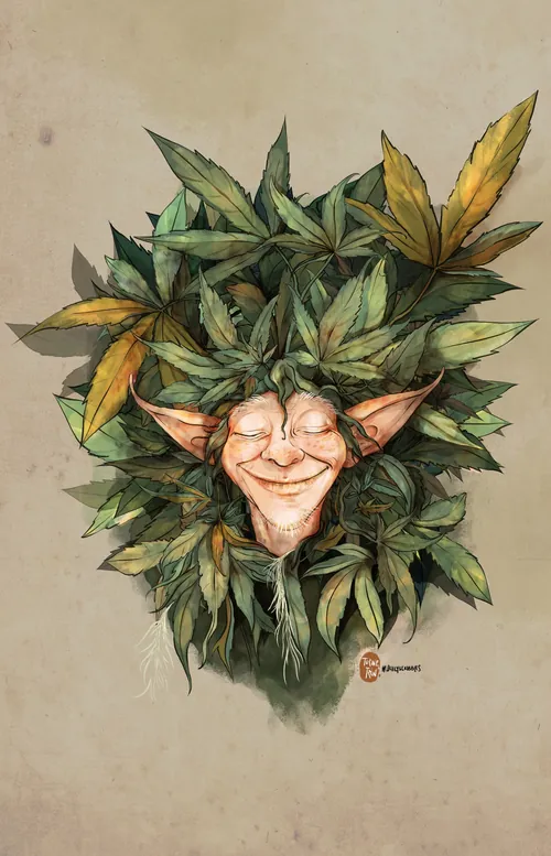 Smiling elf with pointy ears framed by green and yellow leaves.