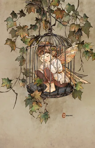 Fairy with wings sitting in a birdcage entangled with autumn leaves