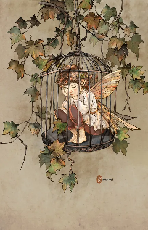 Fairy with wings sitting in a birdcage entangled with autumn leaves