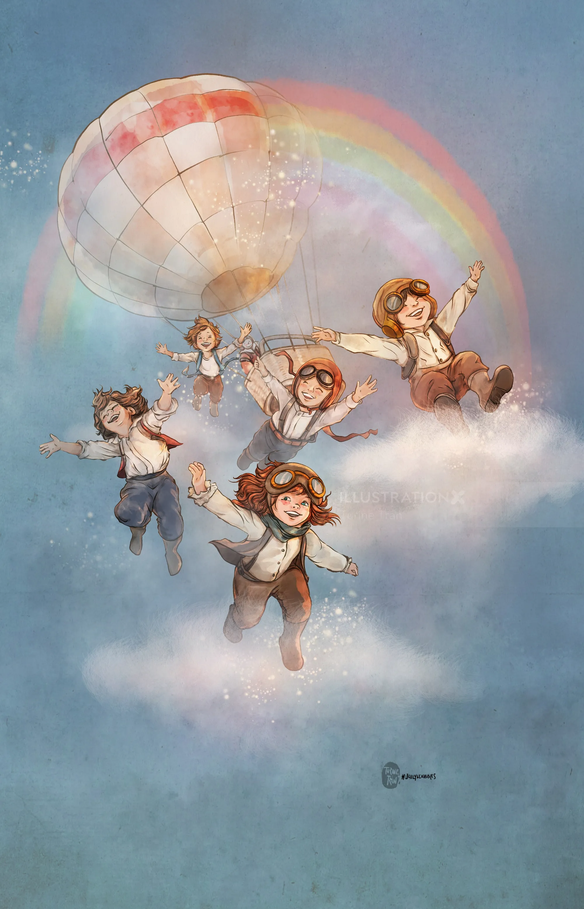 Children in aviator outfits flying near hot air balloon and rainbow in sky