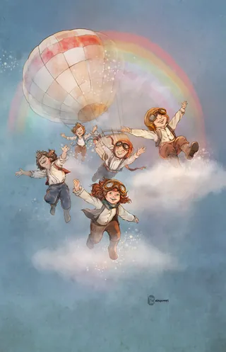 Children in aviator outfits flying near hot air balloon and rainbow in sky