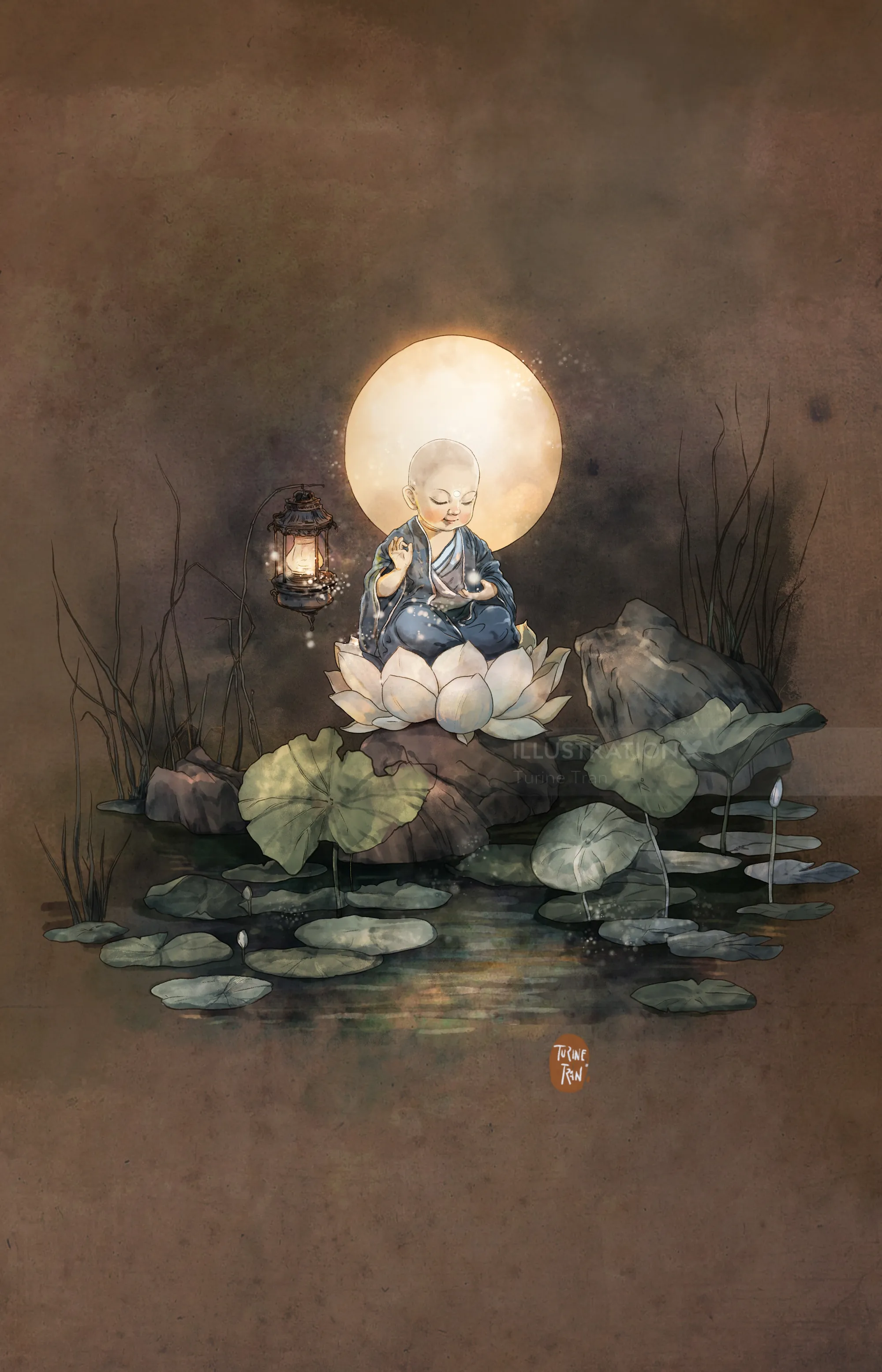 Meditating figure on lotus flower with glowing lantern and full moon background.