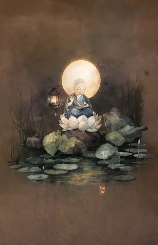 Meditating figure on lotus flower with glowing lantern and full moon background.