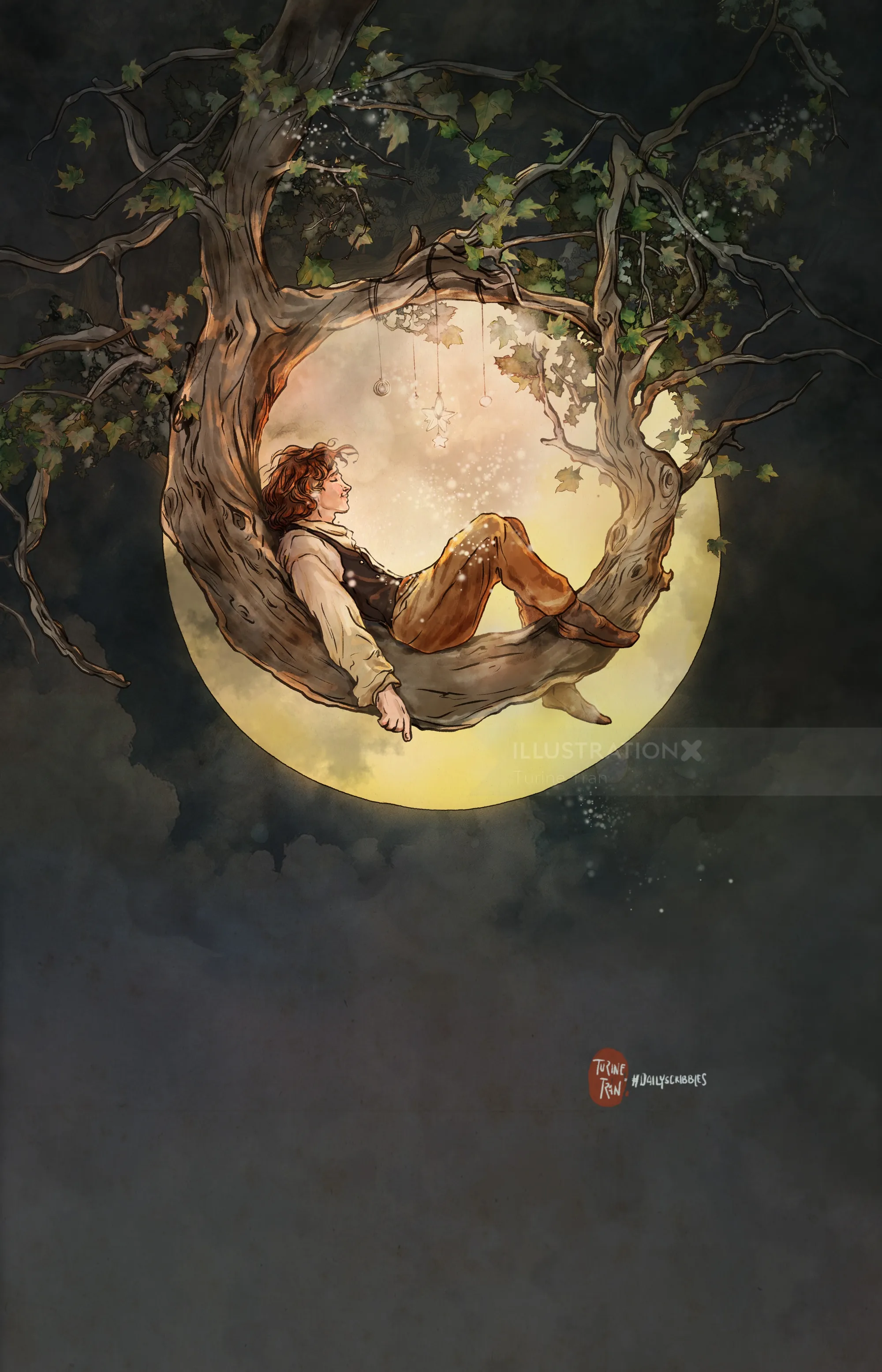 Person reclining on crescent moon framed by tree branches at night