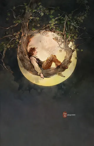 Person reclining on crescent moon framed by tree branches at night