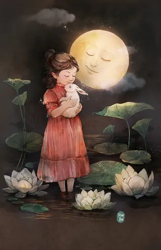 Girl in red dress holding bunny with glowing lotus flowers and smiling full moon