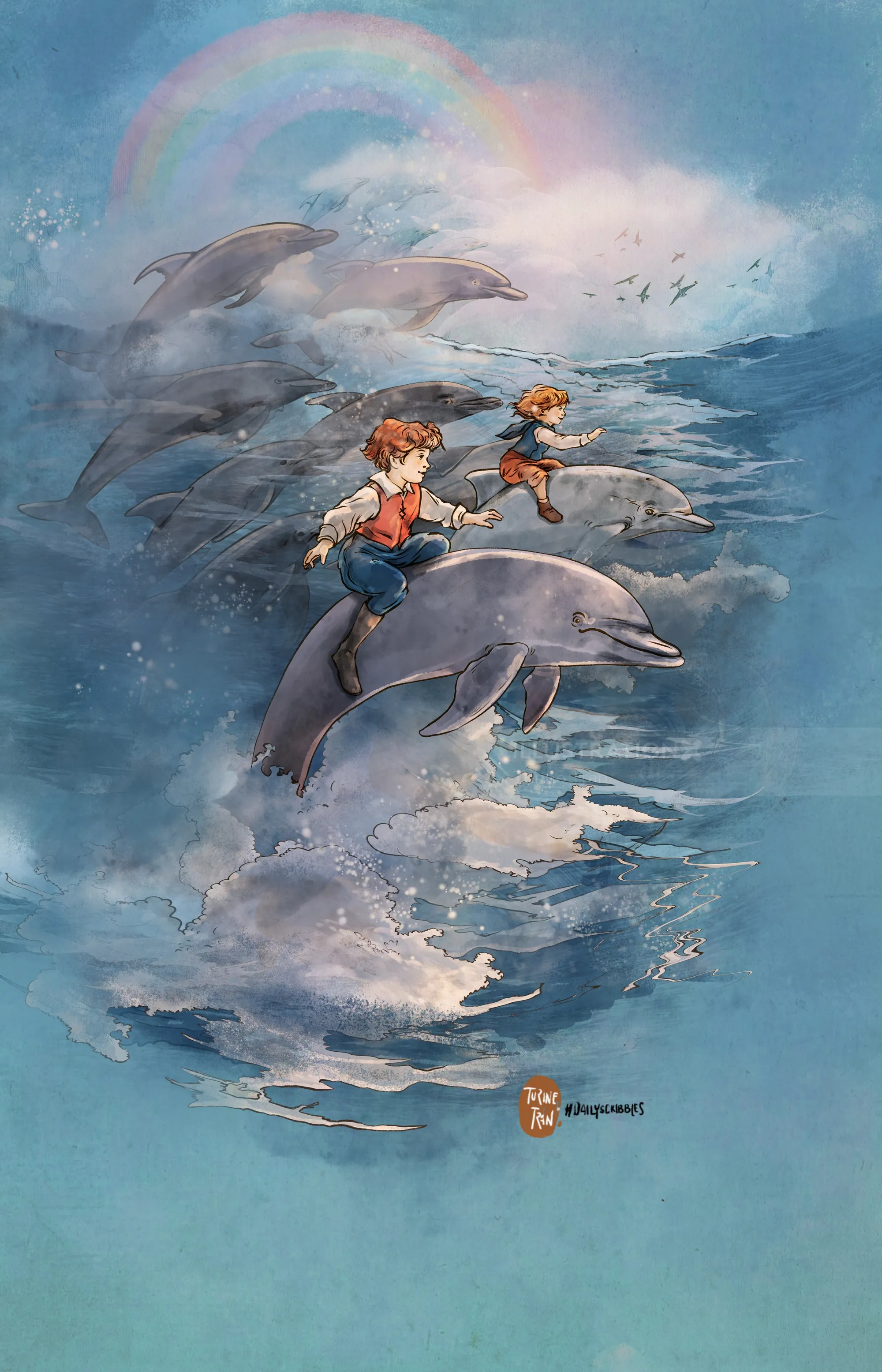 Children riding dolphins through ocean waves with a rainbow overhead.