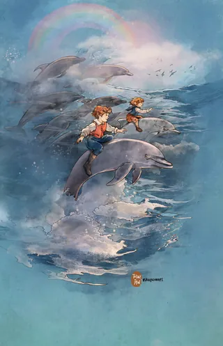 Children riding dolphins through ocean waves with a rainbow overhead.