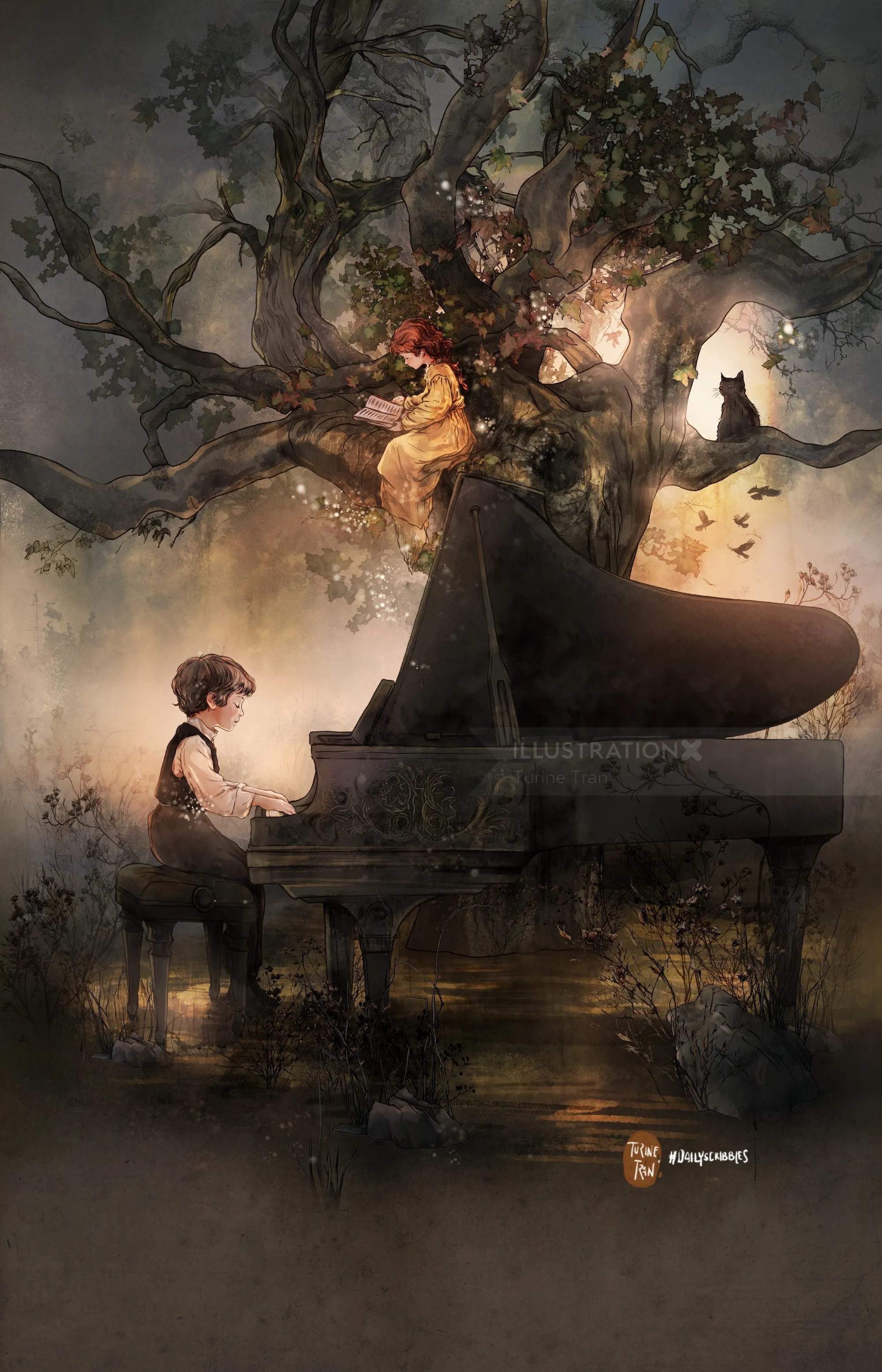 Child playing piano under a large tree with a woman and birds in a mystical setting
