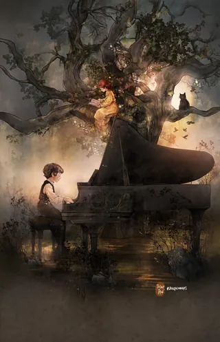 Child playing piano under a large tree with a woman and birds in a mystical setting
