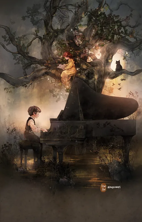 Child playing piano under a large tree with a woman and birds in a mystical setting