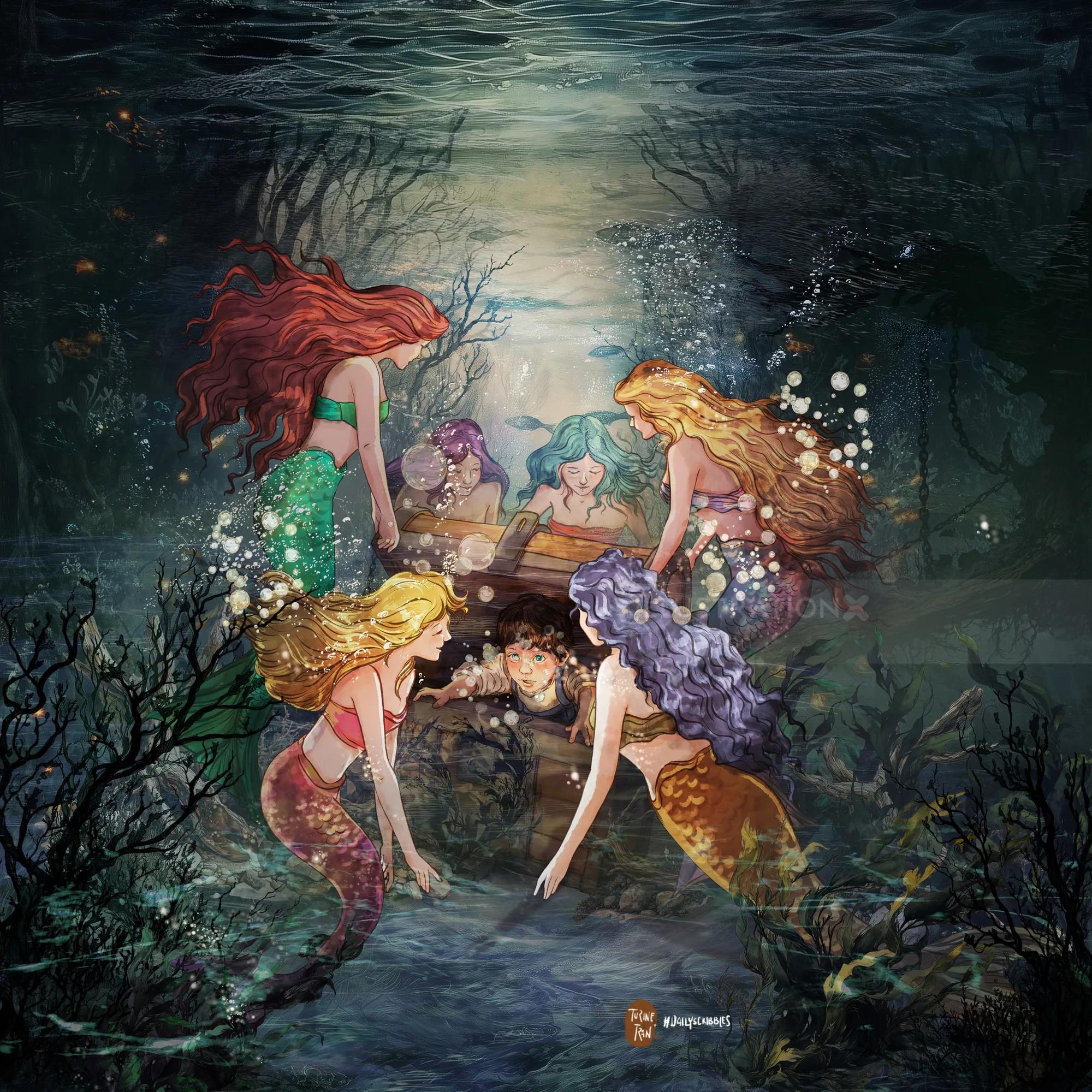 Five mermaids with vibrant tails swimming around a man reading underwater