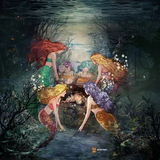 Five mermaids with vibrant tails swimming around a man reading underwater