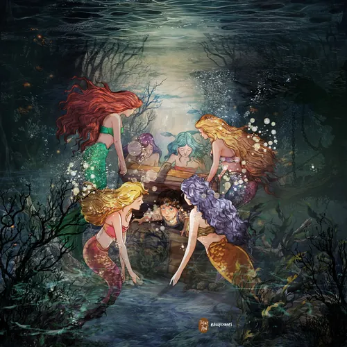 Five mermaids with vibrant tails swimming around a man reading underwater
