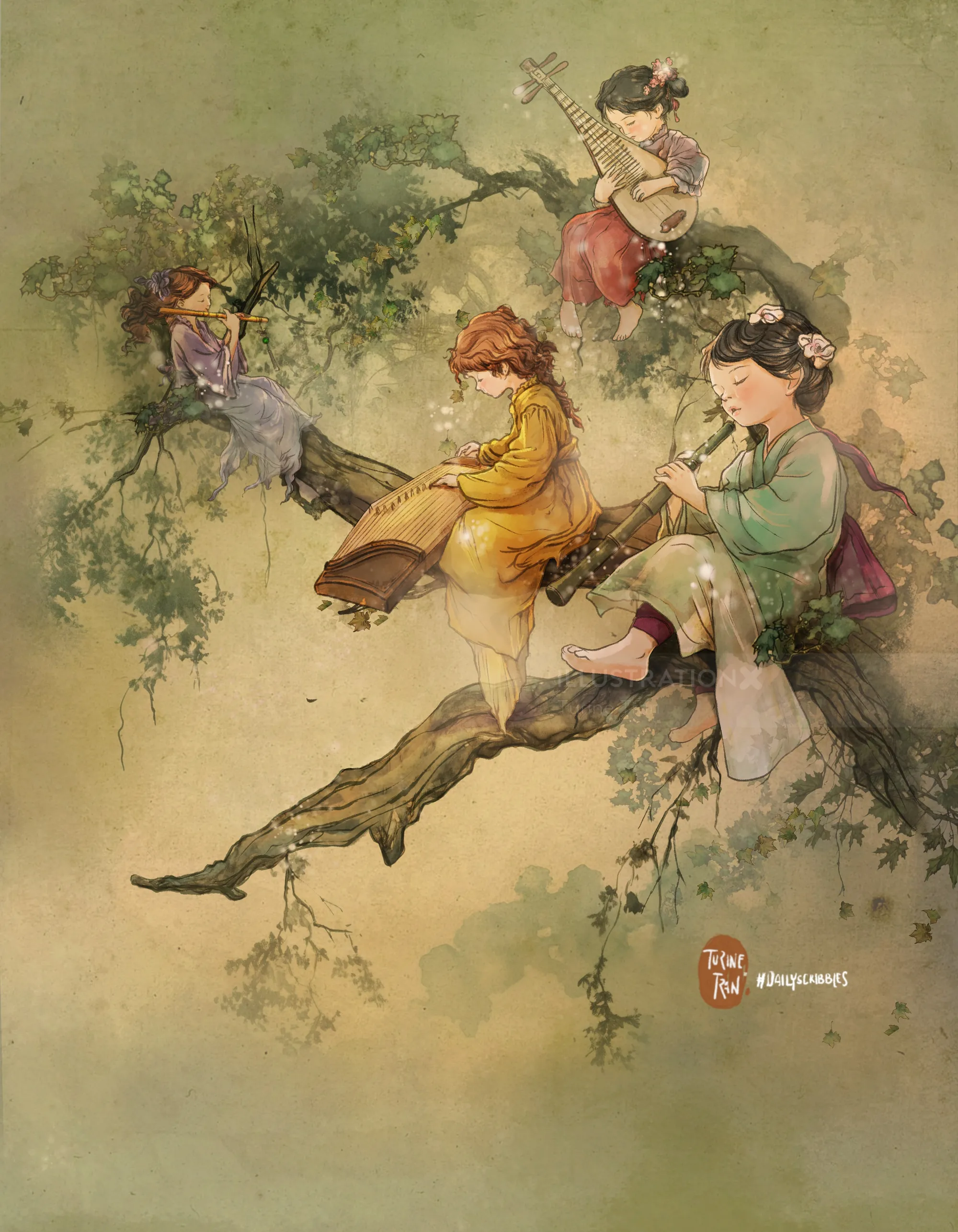 Four children seated on a tree branch playing traditional instruments