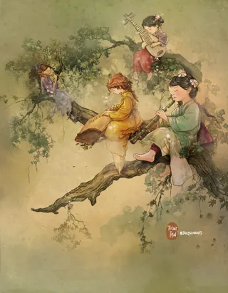 Four children seated on a tree branch playing traditional instruments