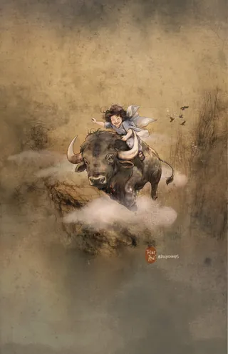 Girl riding a flying buffalo above clouds in a fantasy setting