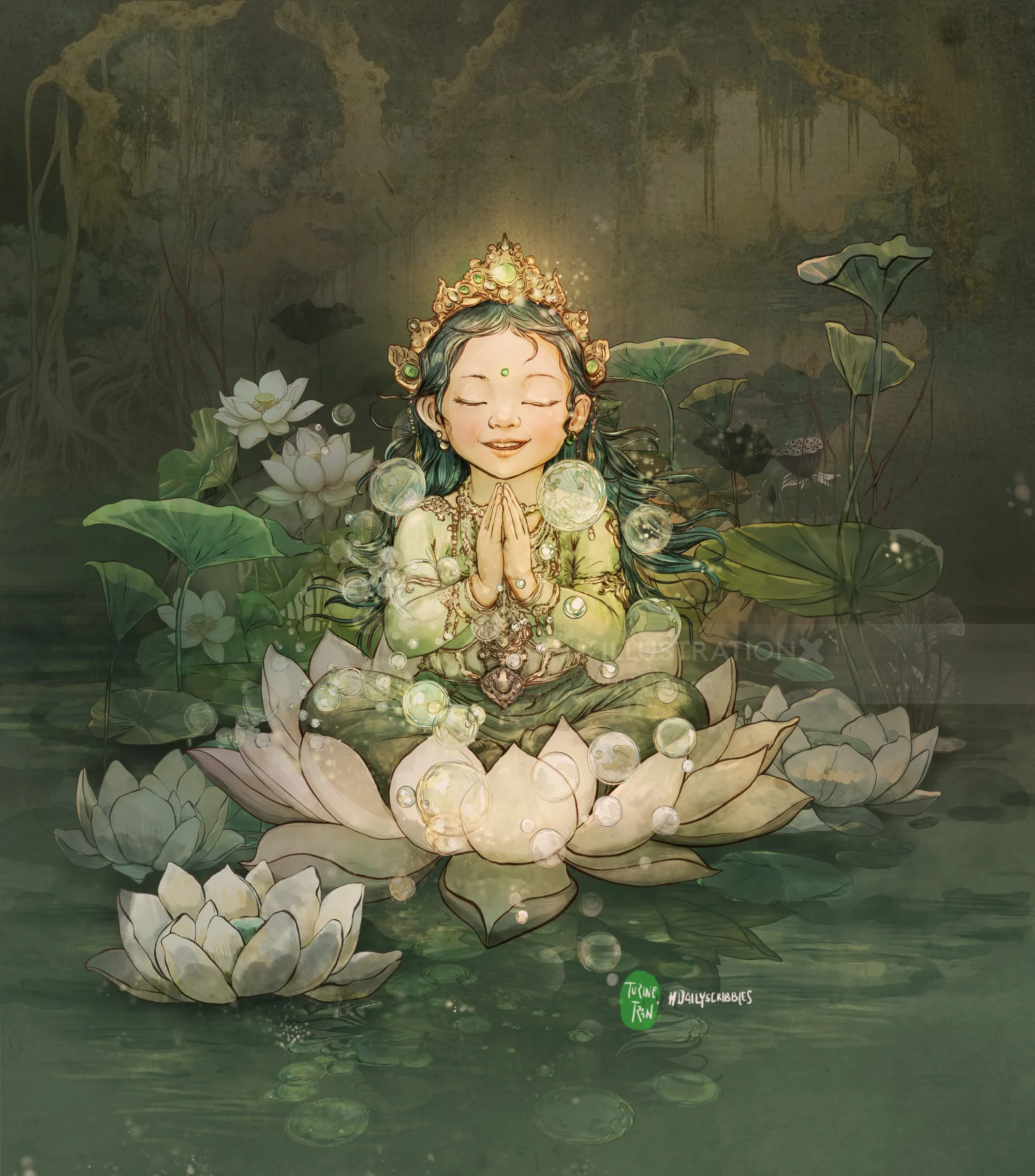 Girl sitting on lotus flower meditating with eyes closed in calm pond.