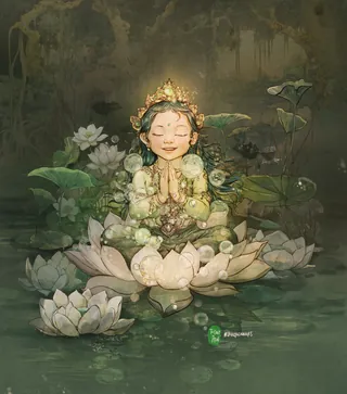 Girl sitting on lotus flower meditating with eyes closed in calm pond.