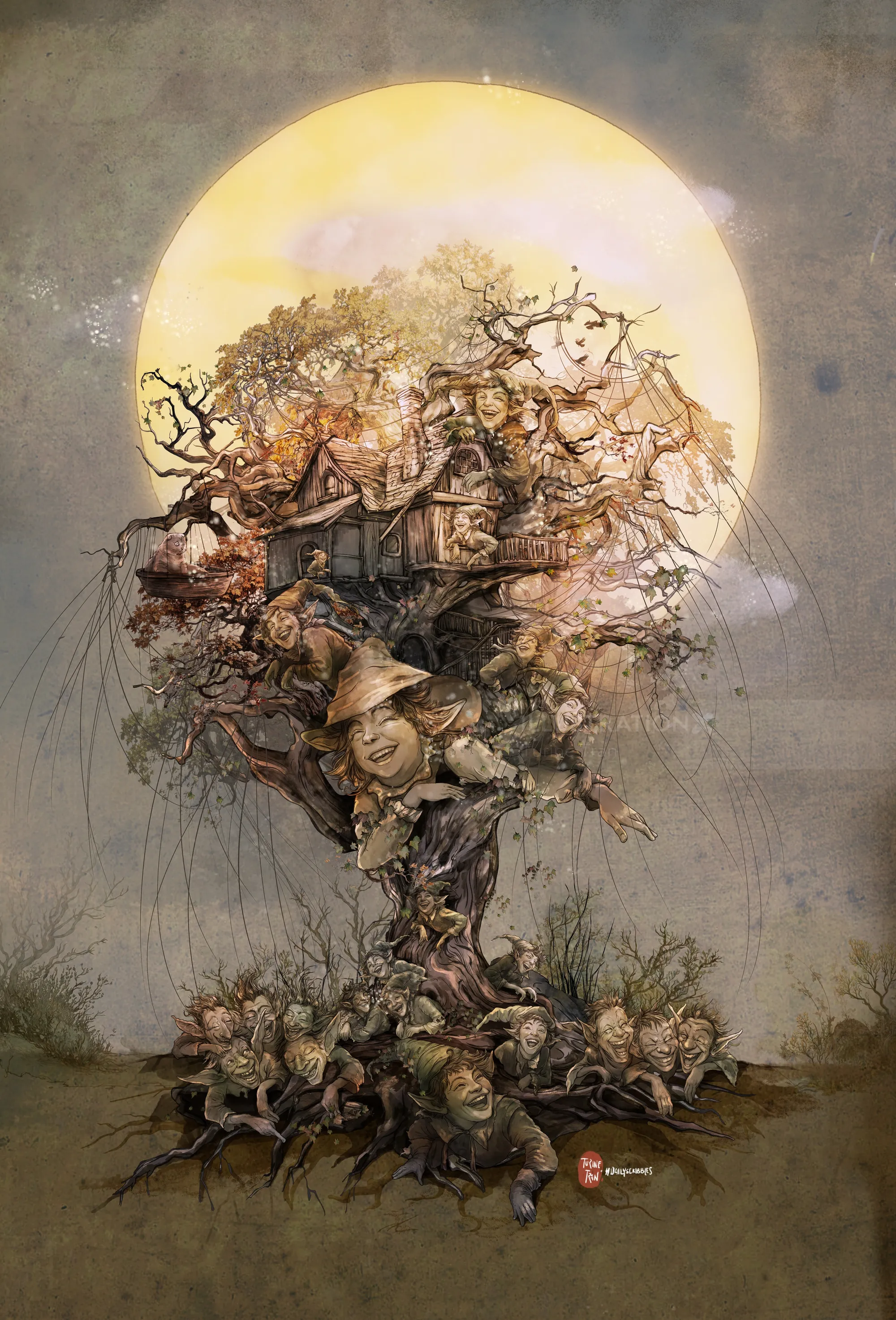 Surreal tree with human faces and figures illuminated by moonlight