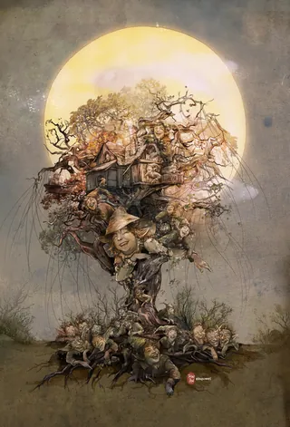 Surreal tree with human faces and figures illuminated by moonlight