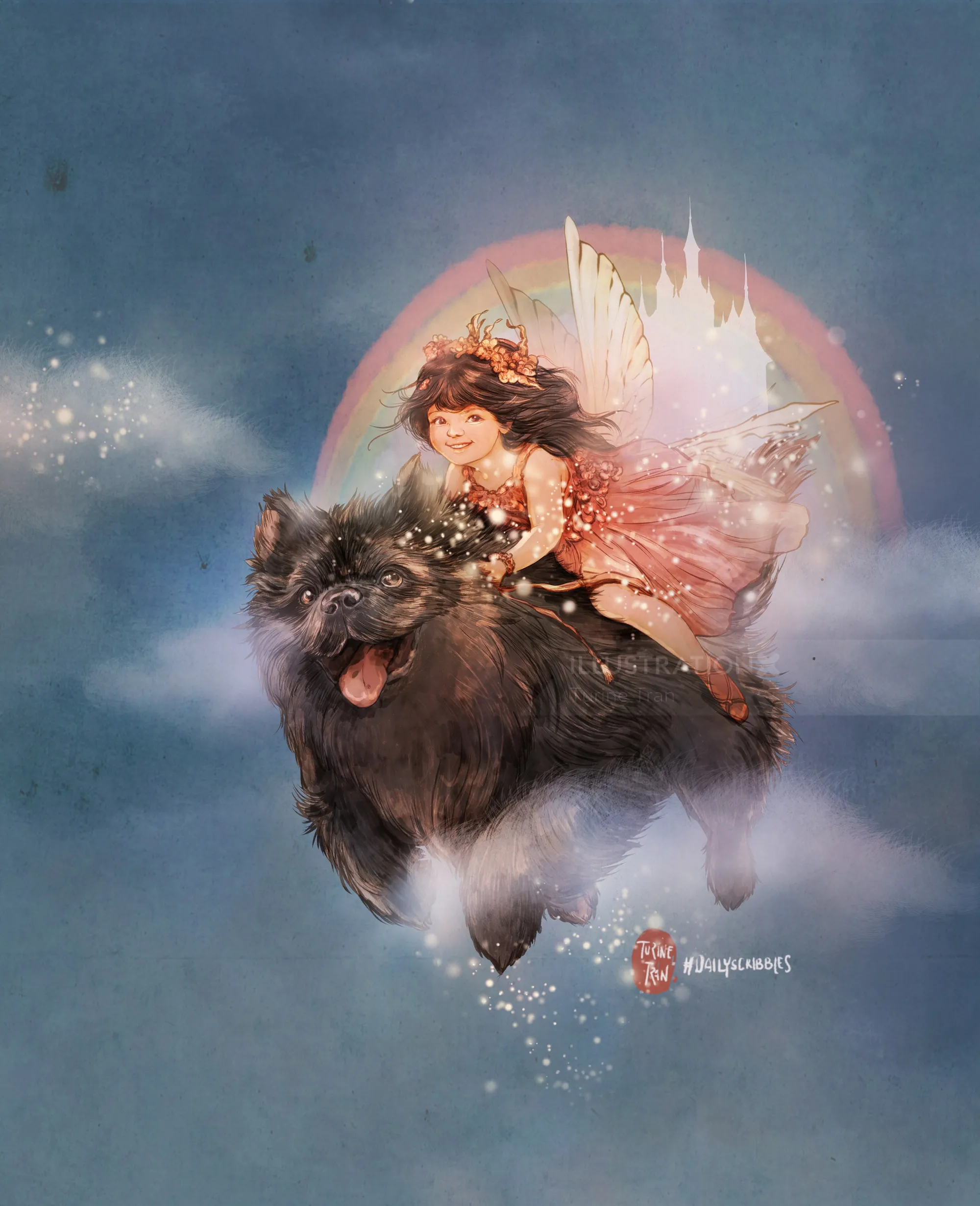Fairy with glowing wings riding large black dog through a magical sky