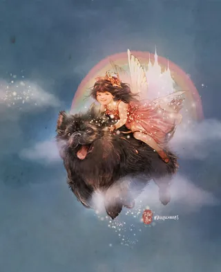 Fairy with glowing wings riding large black dog through a magical sky