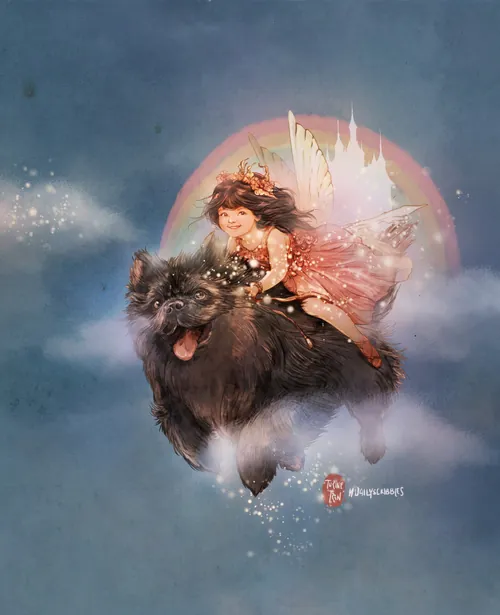 Fairy with glowing wings riding large black dog through a magical sky