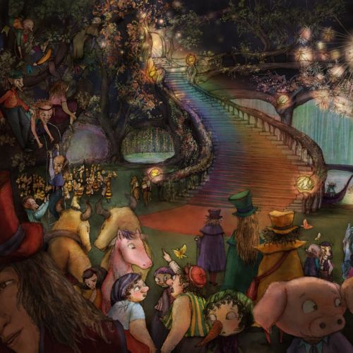 Fantasy scene with whimsical characters in an enchanted forest by Turine Tran