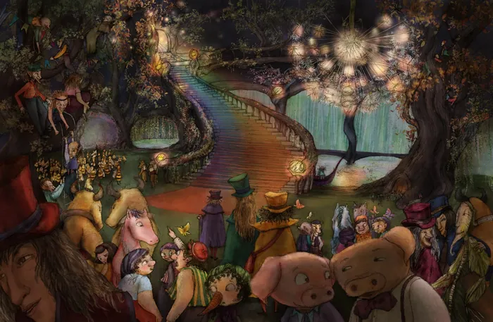 Fantasy scene with whimsical characters in an enchanted forest by Turine Tran