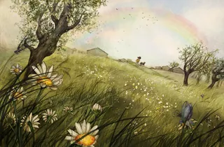 Landscape with wildflowers, children playing, rainbow, and tree by Turine Tran