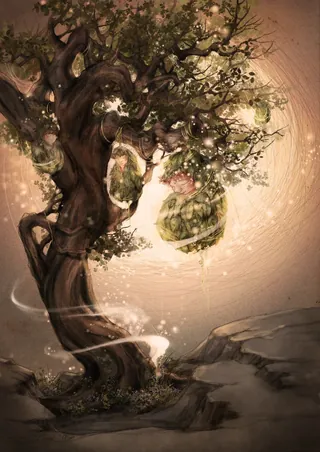 Digital artwork of a large tree holding floating grassy hills by Turine Tran