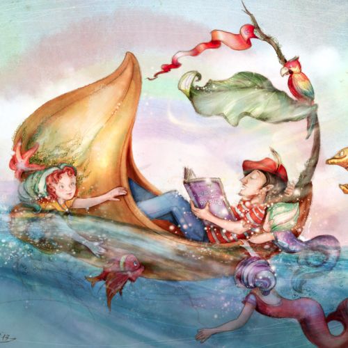 Whimsical boat ride with two figures and fish in water by Turine Tran