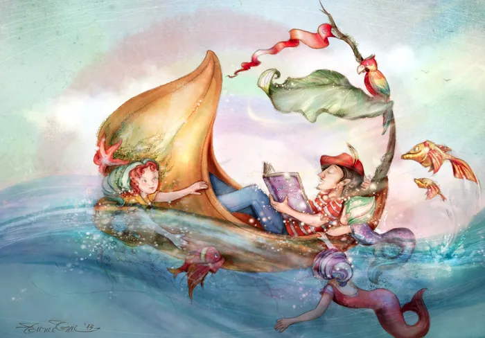 Whimsical boat ride with two figures and fish in water by Turine Tran