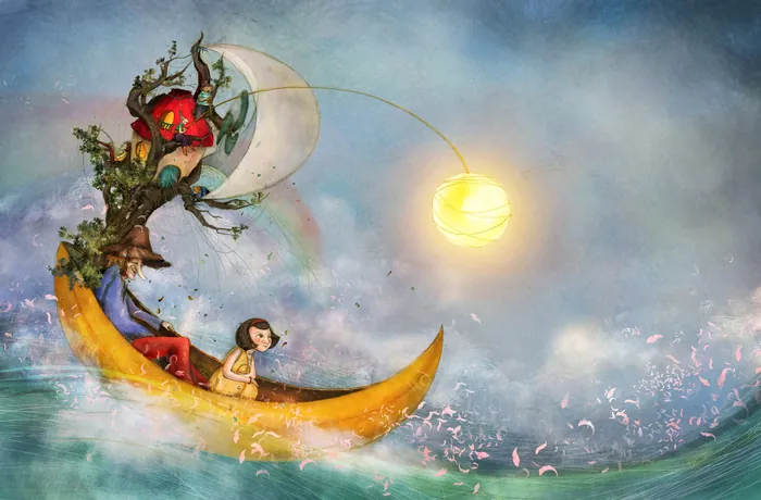 Girl in boat holding glowing lantern under crescent moon by Turine Tran
